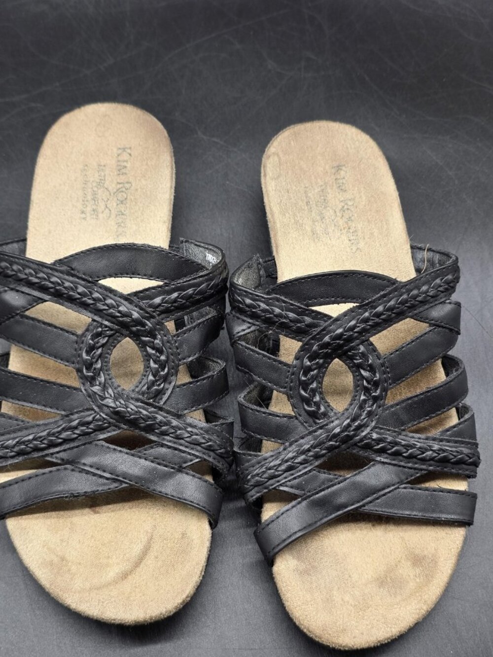 Kim Rogers Sandals Womens Size 7.5 Black Trixey Strappy Wedge Slide Stains Shoes